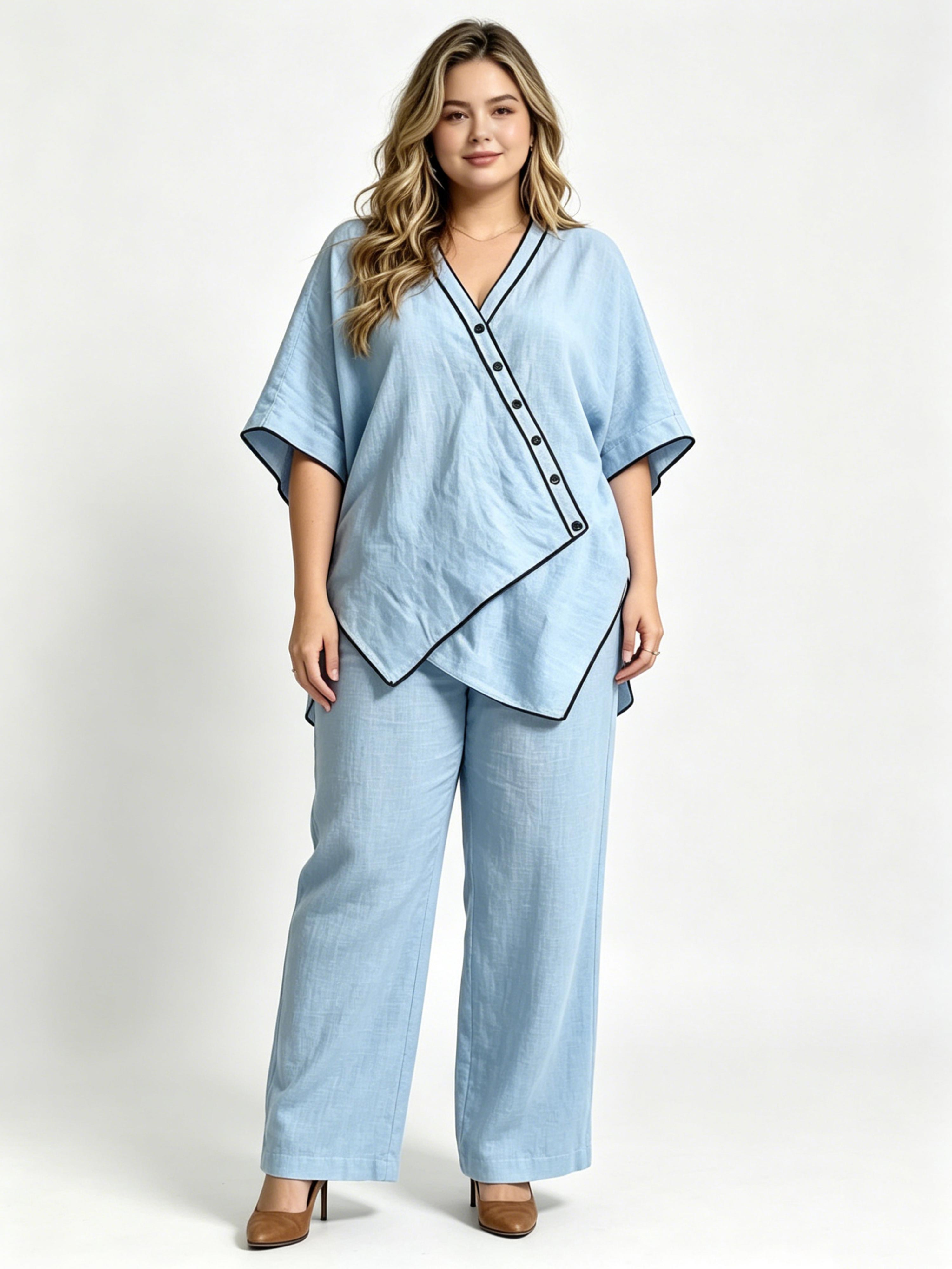 Cotton-Linen V-Neck Oversized Two-Piece Set