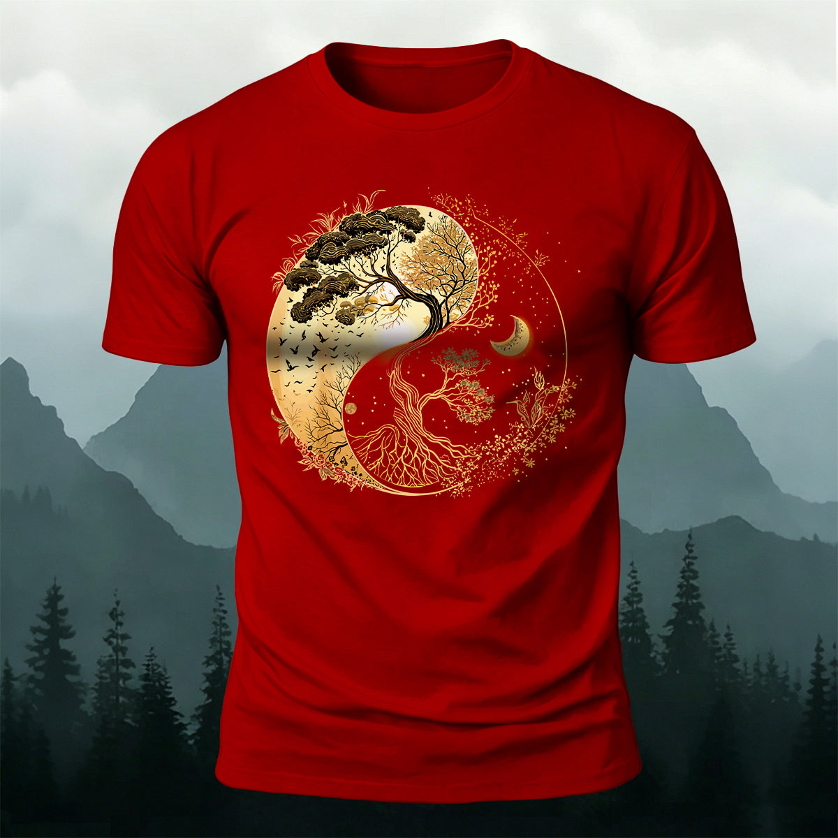 Yin-Yang Tai Chi Tree Design Casual Cotton T-Shirt
