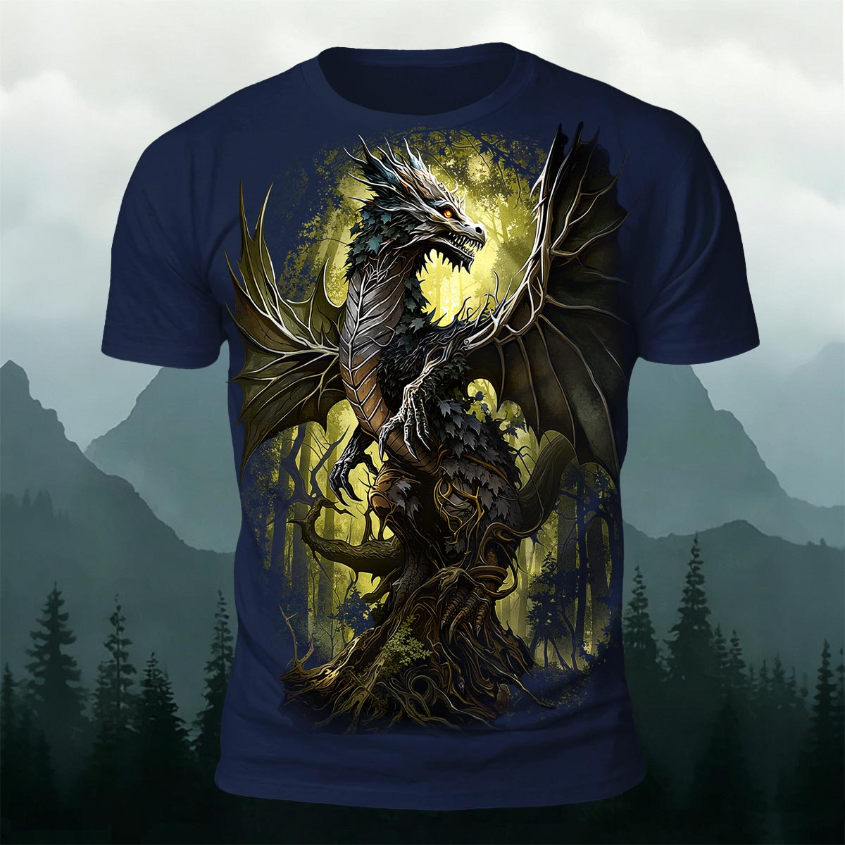 Retro Forest Dragon Print Outdoor T-Shirt