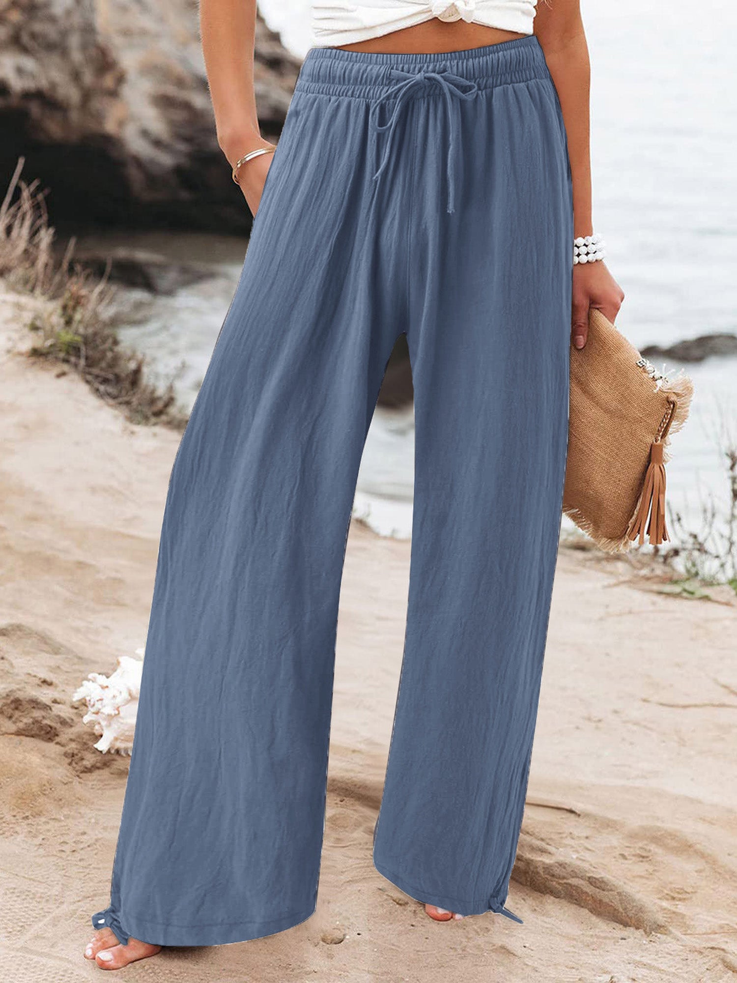 Elastic-Waist Casual Solid-Color Wide-Leg Pants