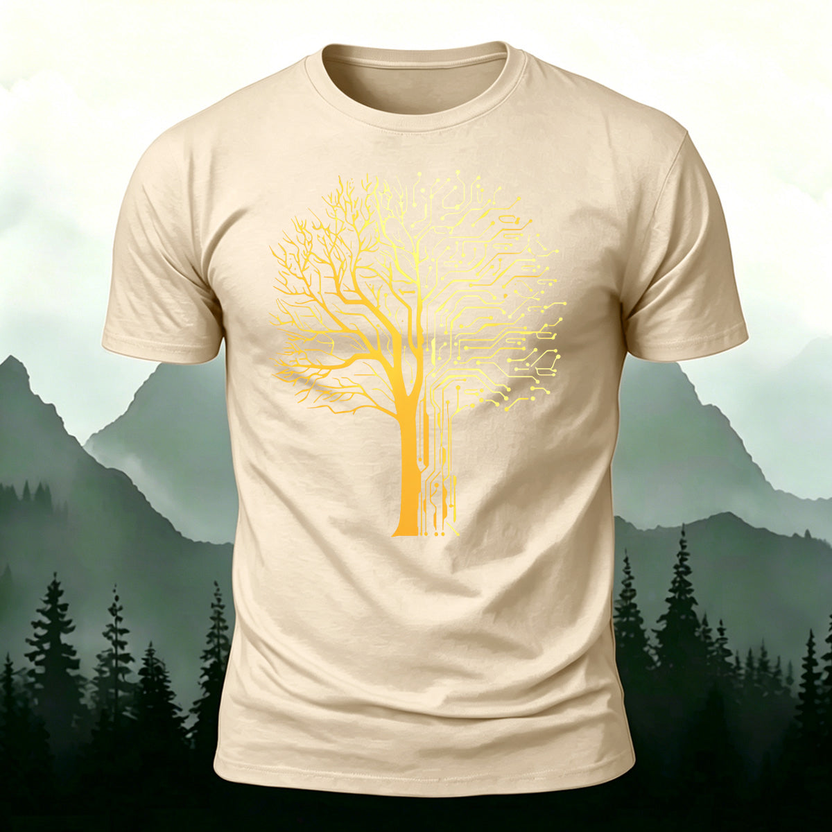 Tech-inspired tree print combed cotton T-shirt