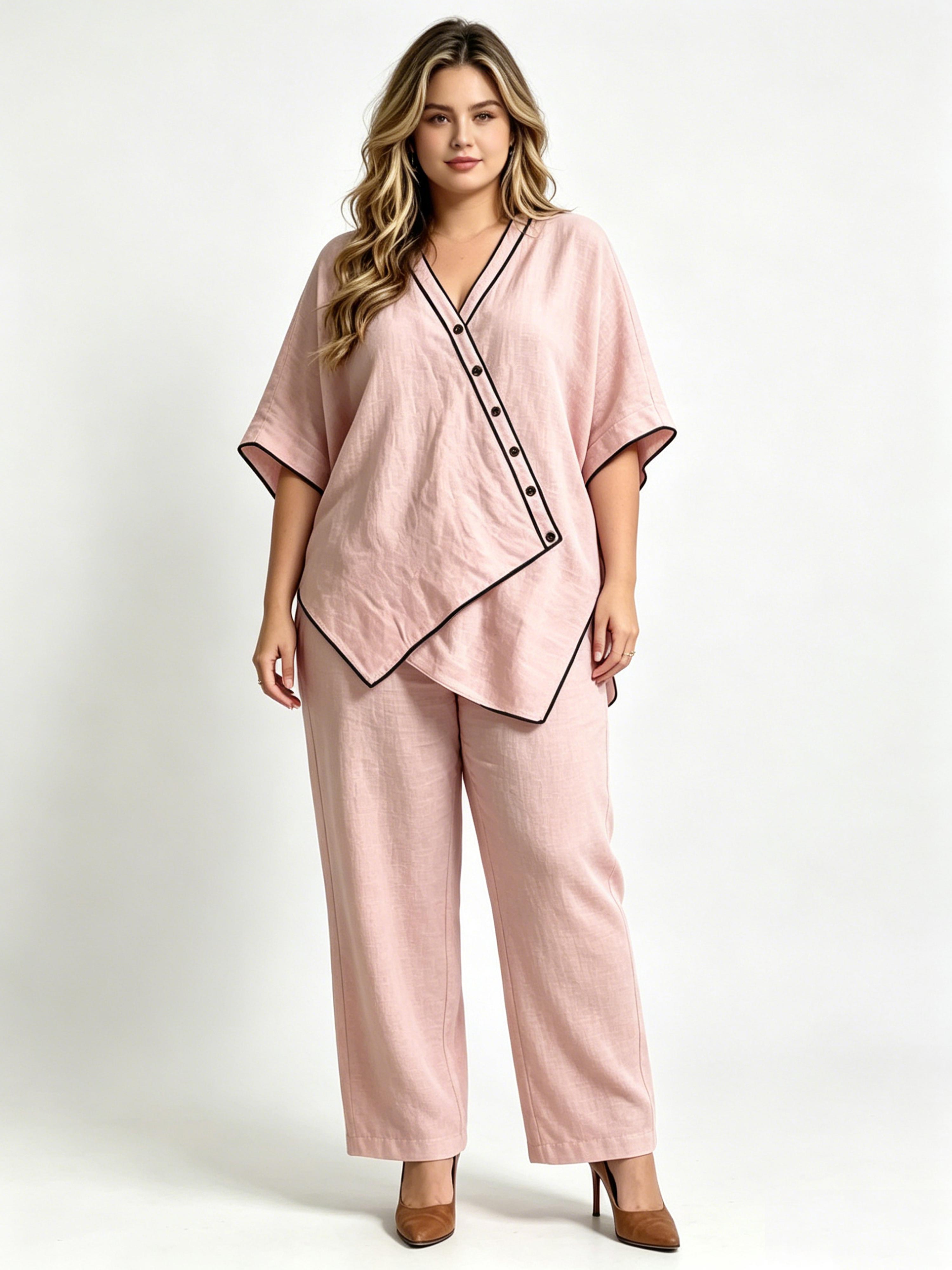 Cotton-Linen V-Neck Oversized Two-Piece Set