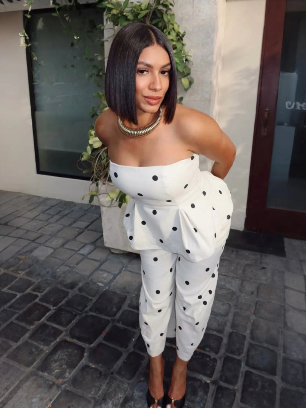 ⚪ Women's Elegant Polka Dot Strapless Peplum Top & Wide-Leg Pants Set