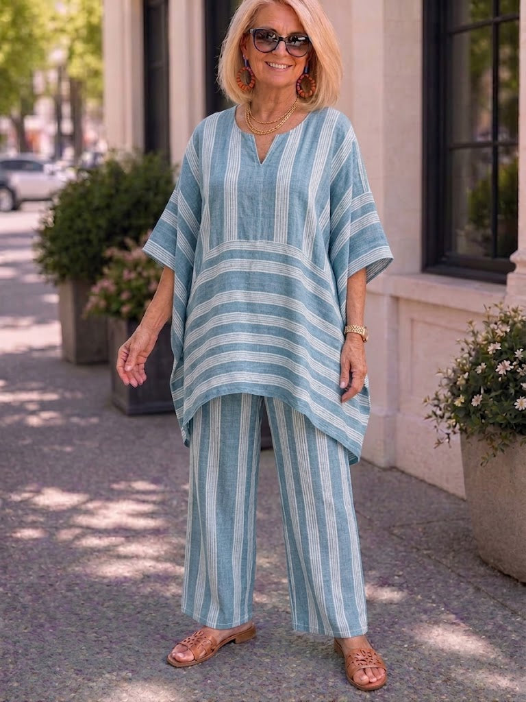 Stylish and Trendy V-Neck Loose-Fit Striped Casual Two-Piece Set