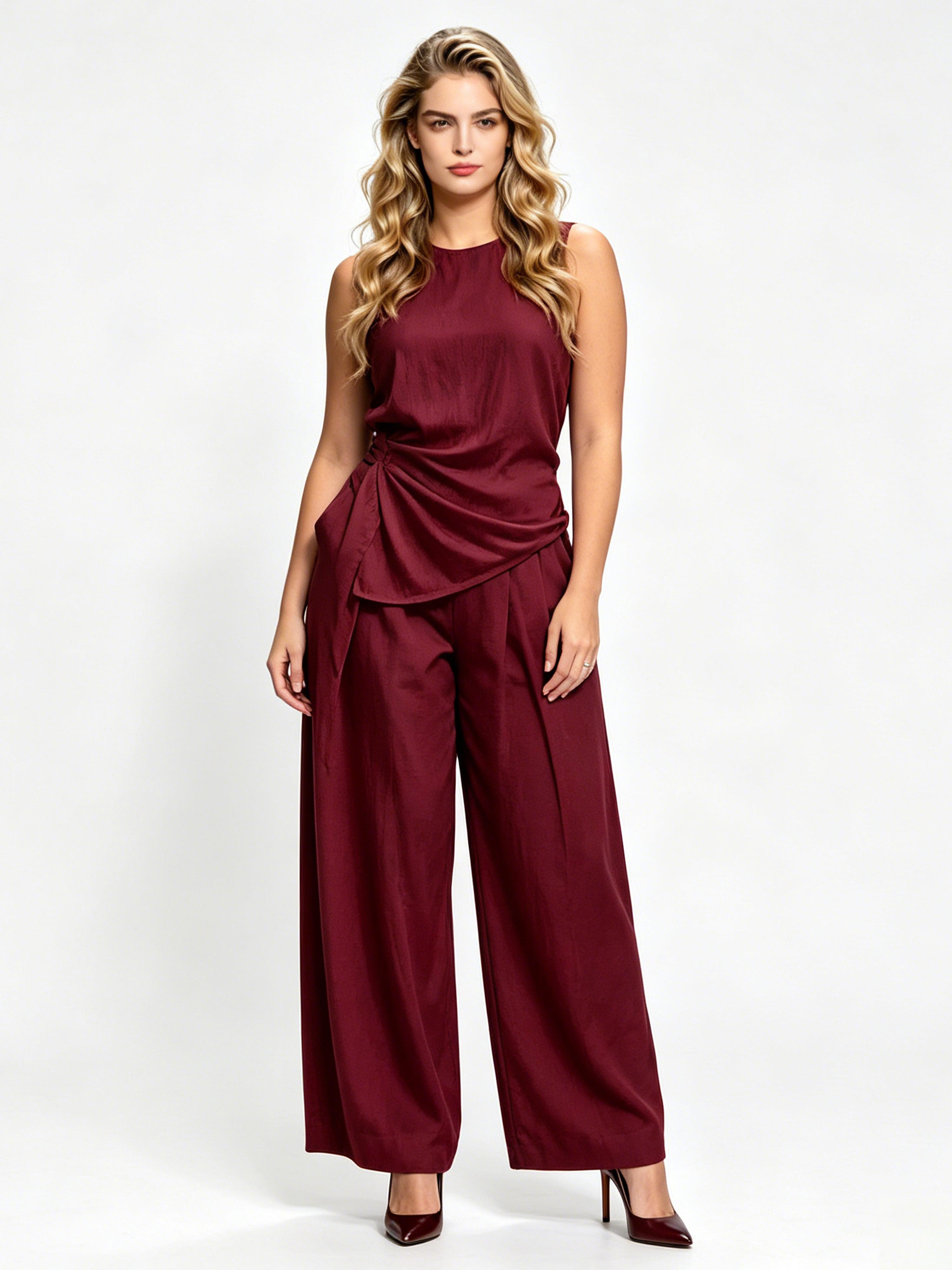 Casual Solid-Color Round-Neck Loose-Fit Sleeveless Two-Piece Set