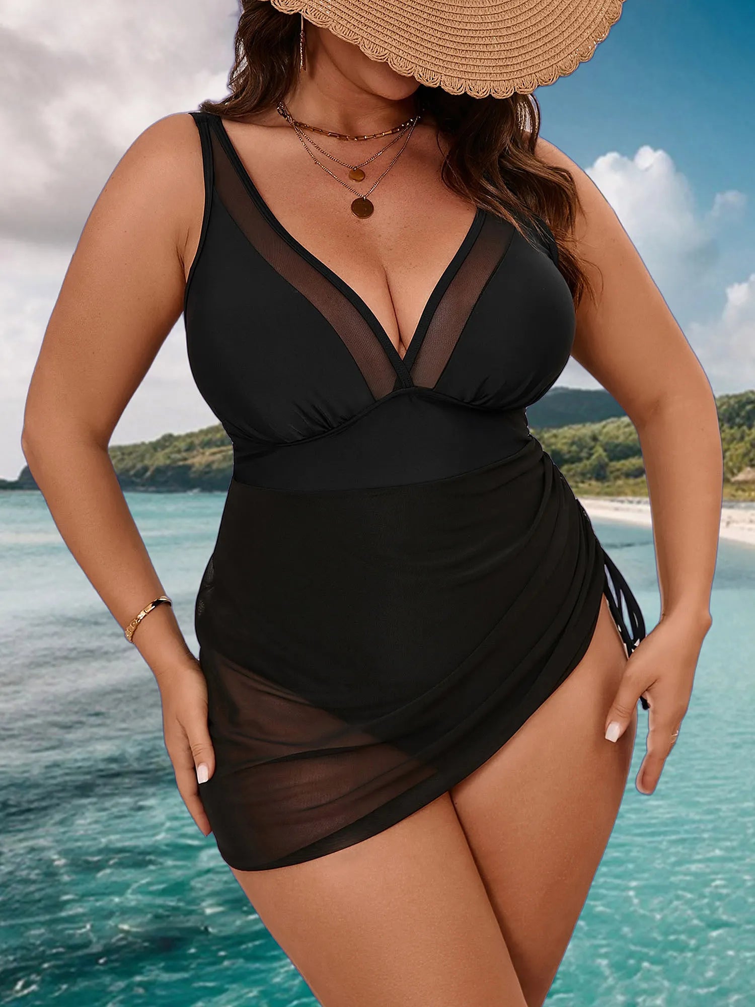 Women's Sexy Solid-Color Mesh Drawstring One-Piece Swimsuit