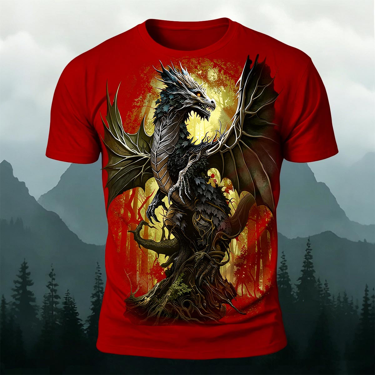 Retro Forest Dragon Print Outdoor T-Shirt