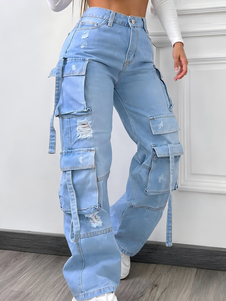 Fashion Versatile Multi-Pocket Casual Cargo Denim Pants
