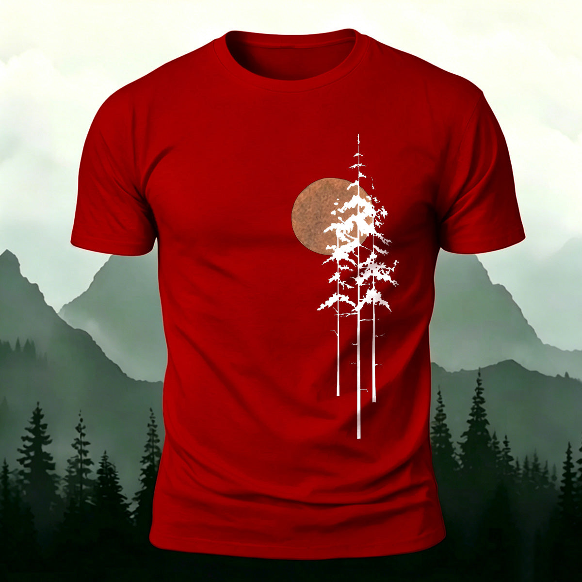 Retro Sunset Pine Tree Print Cotton T-Shirt