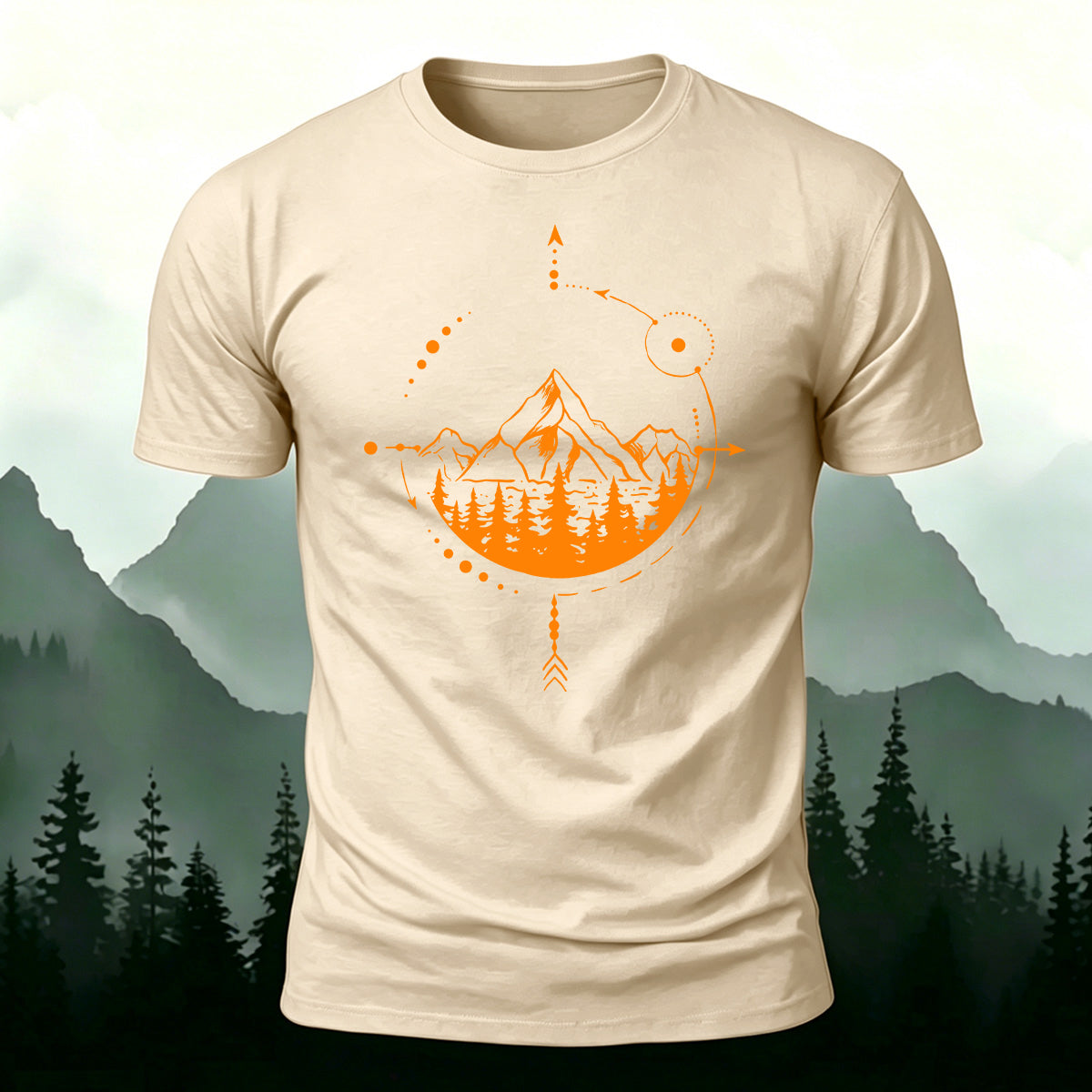 Mountain and Forest Print Combed Cotton Casual T-Shirt