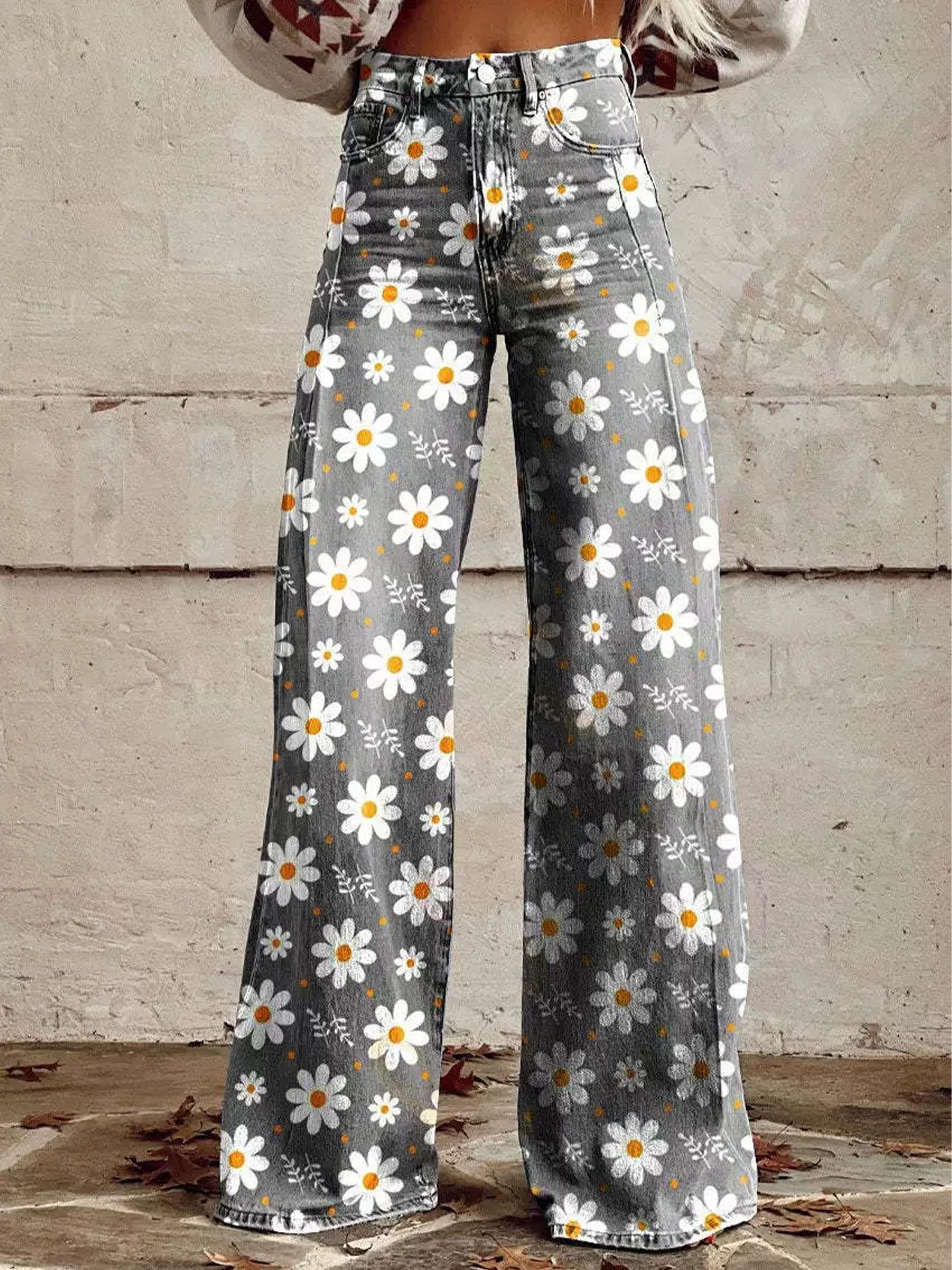 Women's Denim-Look 3D-Printed Casual Wide-Leg Flared Pants