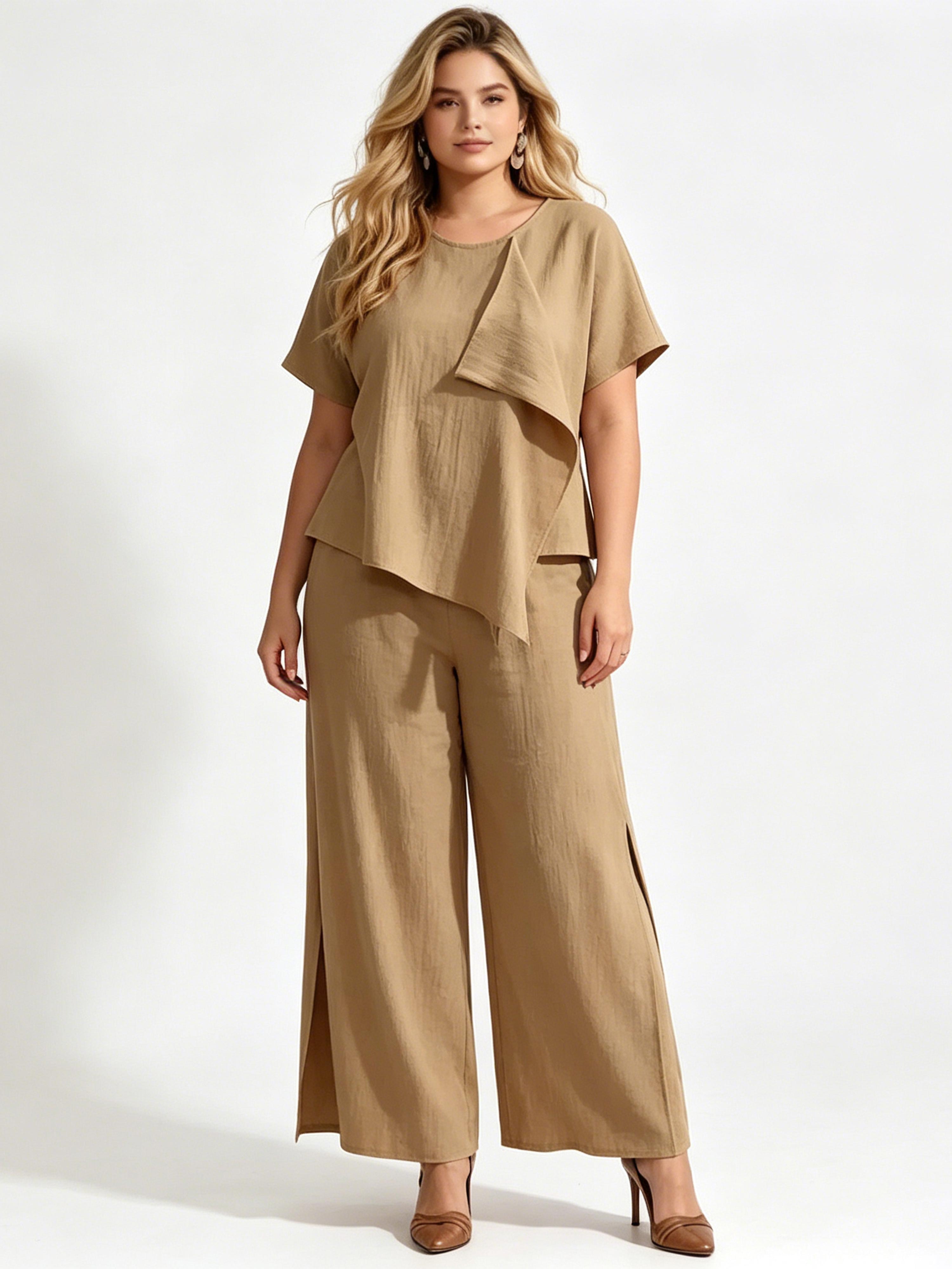 Round Neck Irregular Top Split Wide-leg Pants Set