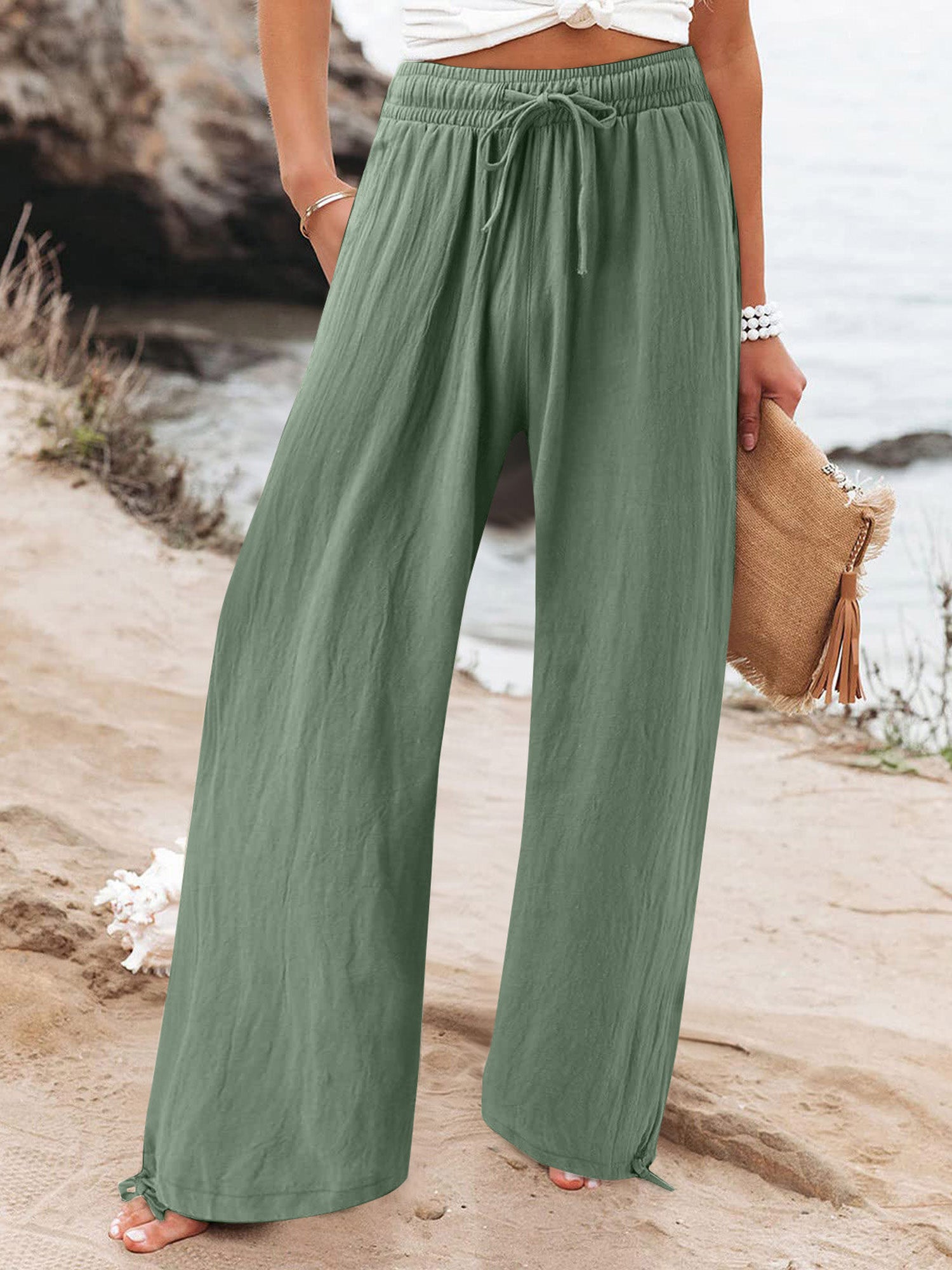 Elastic-Waist Casual Solid-Color Wide-Leg Pants