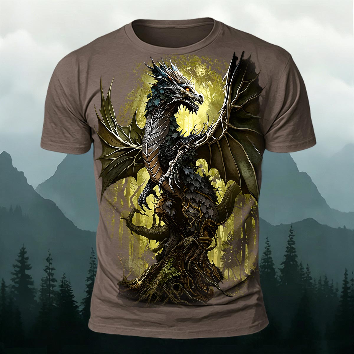 Retro Forest Dragon Print Outdoor T-Shirt