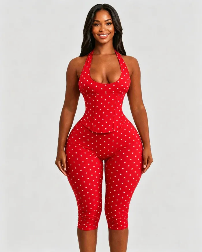 Sexy Halter-Neck Polka Dot Waist-Cinching Shapewear And Capri Legging