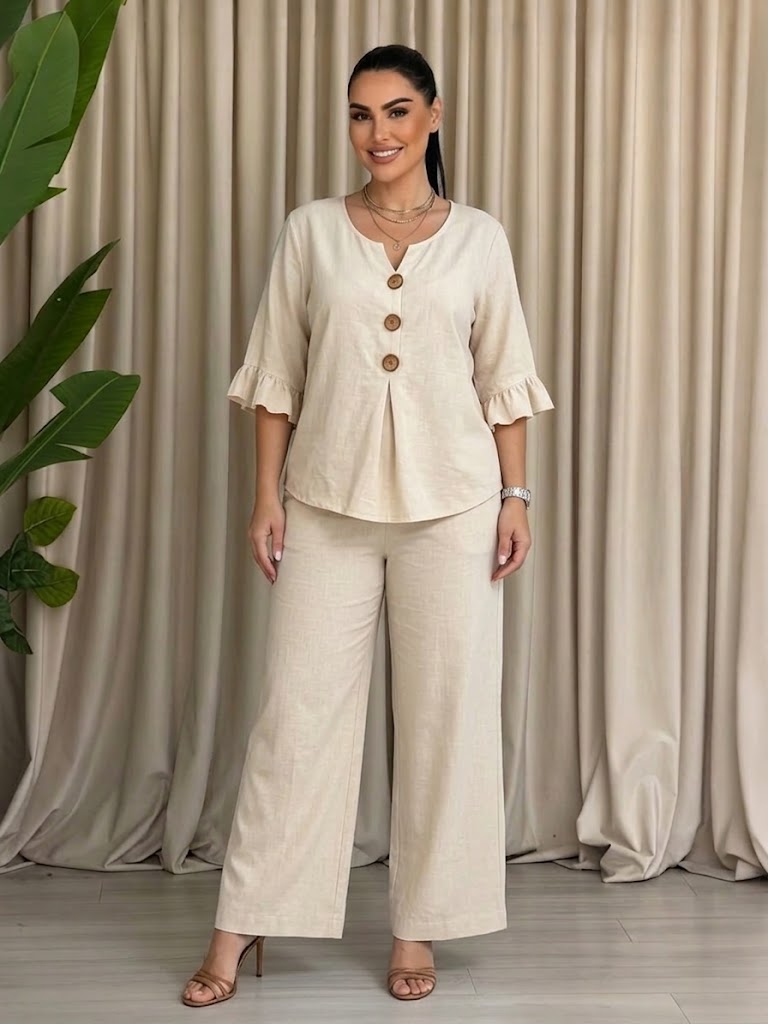 Casual Button-Down V-Neck Ruffle Two-Piece Set