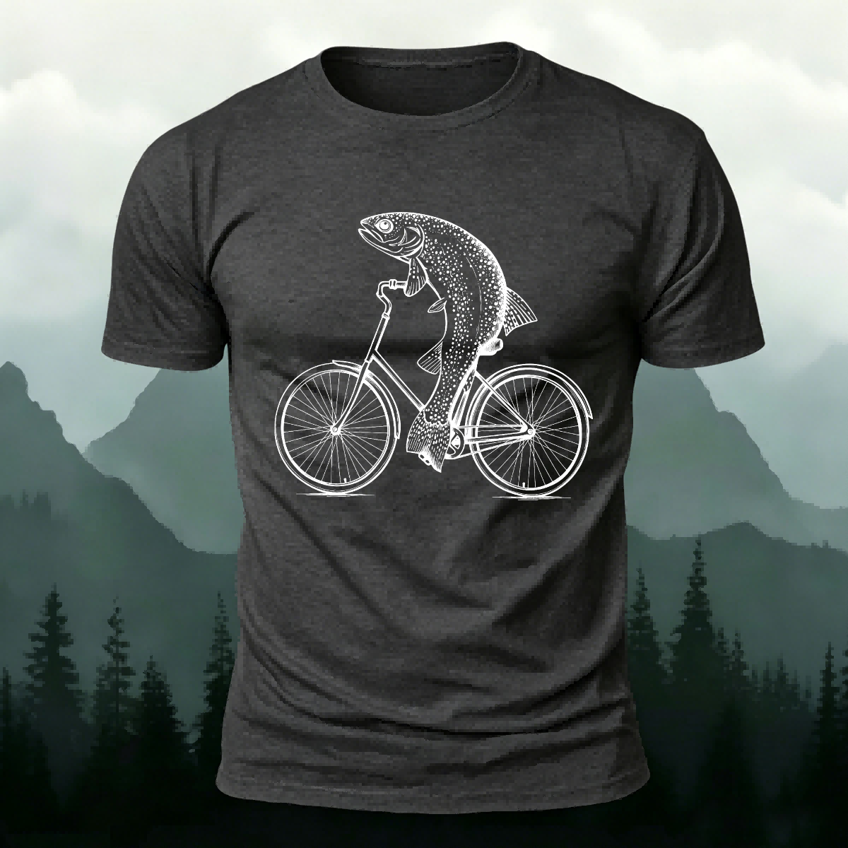 Fish Riding Bicycle Fun Pattern Cotton Casual T-Shirt