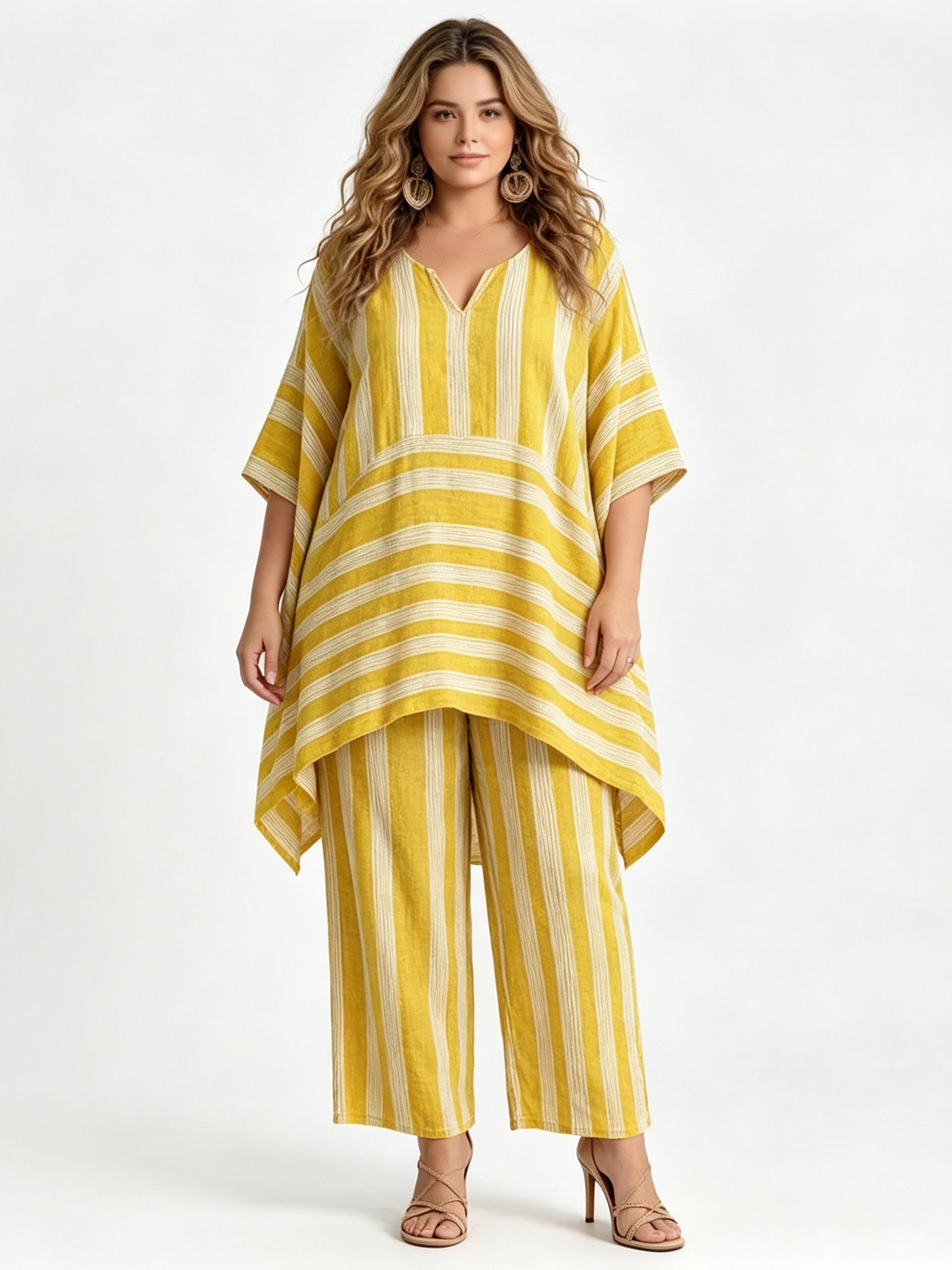 Stylish and Trendy V-Neck Loose-Fit Striped Casual Two-Piece Set