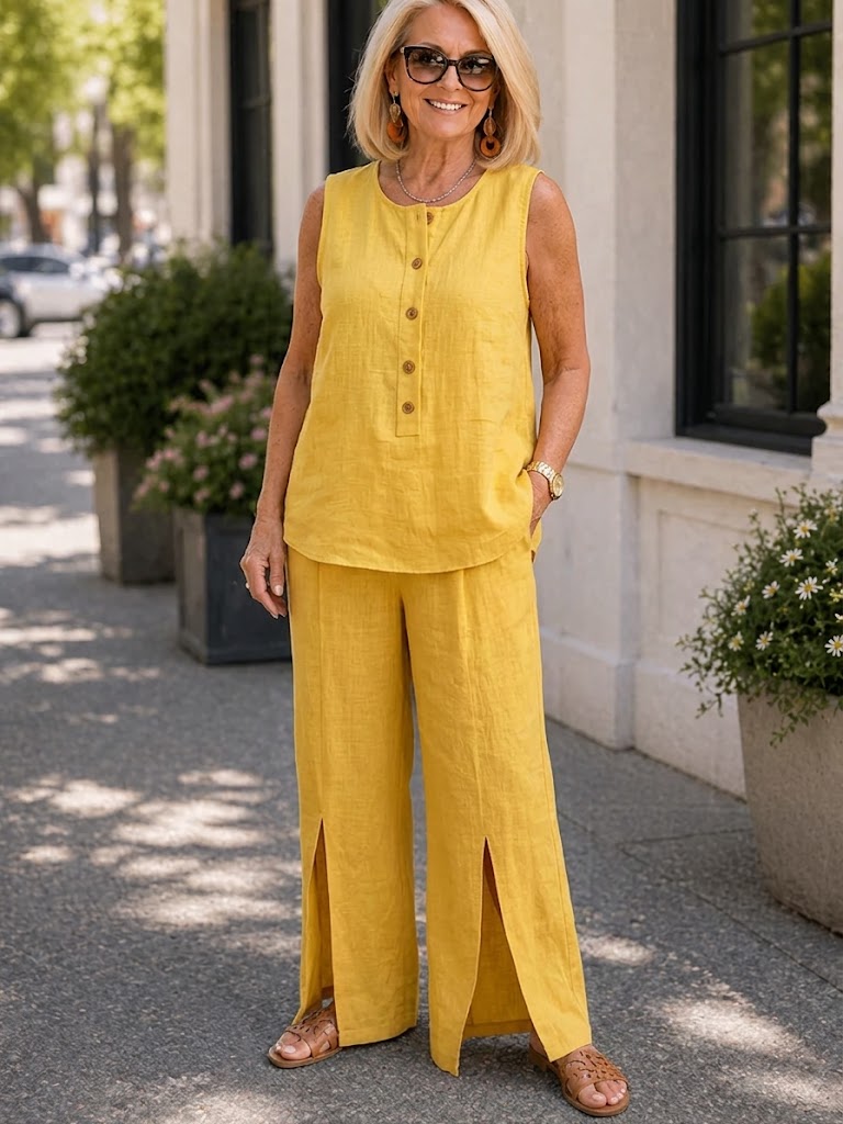 Sleeveless Button Simple Casual Elegant Set