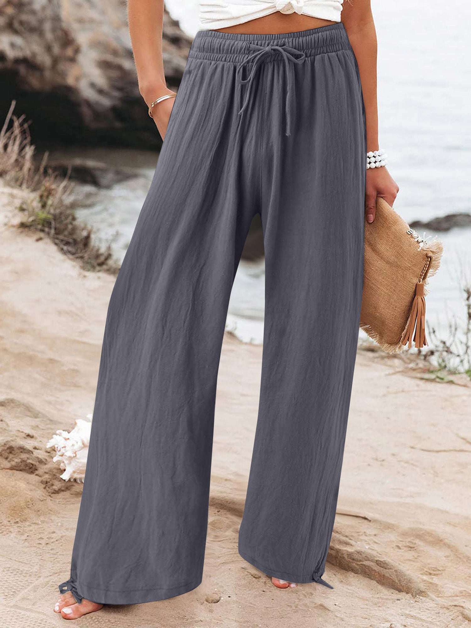 Elastic-Waist Casual Solid-Color Wide-Leg Pants