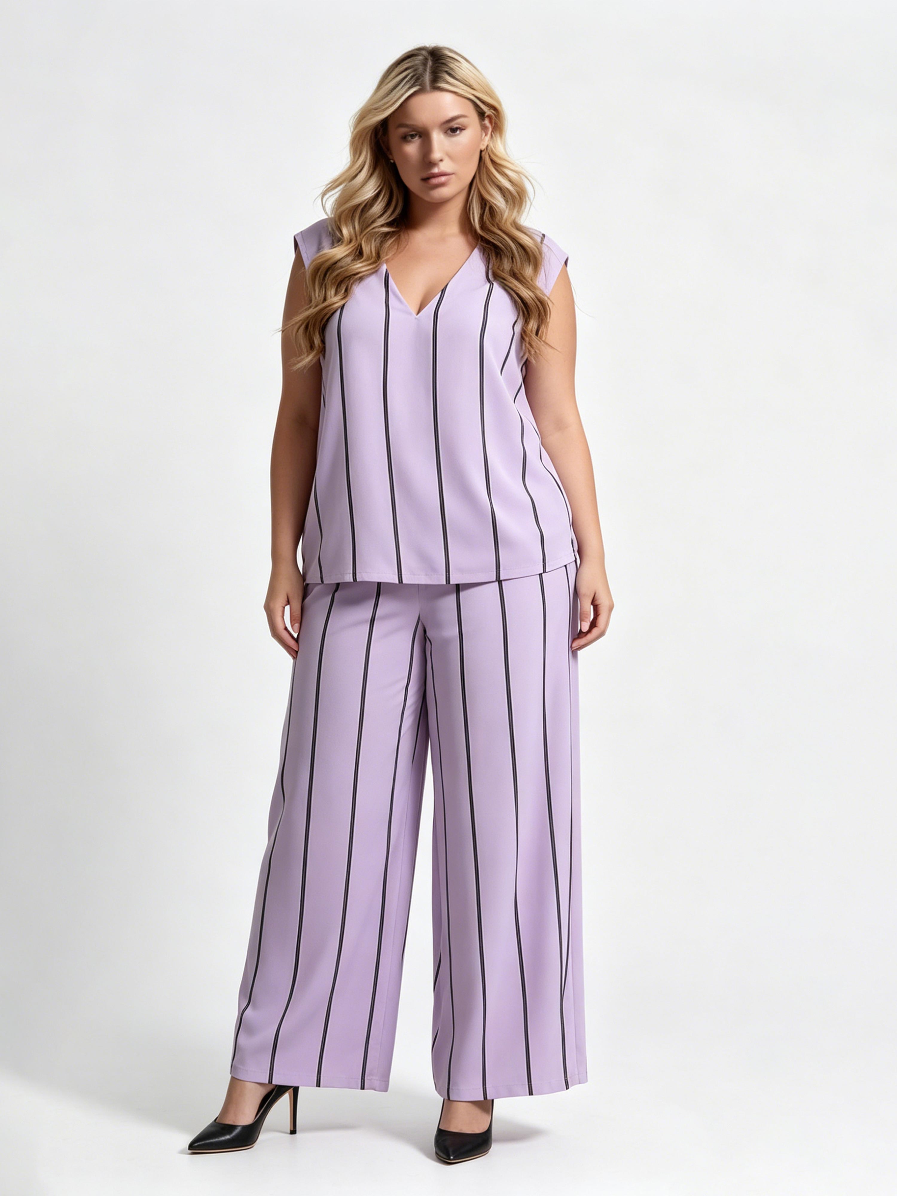 Loose-fitting Slimming Black-and-white Vertical-striped Cotton-linen Set