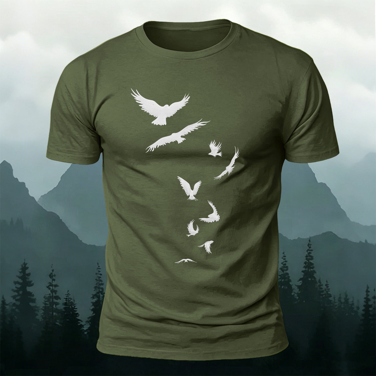 Free-Flying Birds Print Casual Cotton T-Shirt