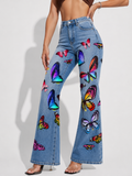 Women's Retro Colorful Butterfly Fashion Print Faux Denim Pants