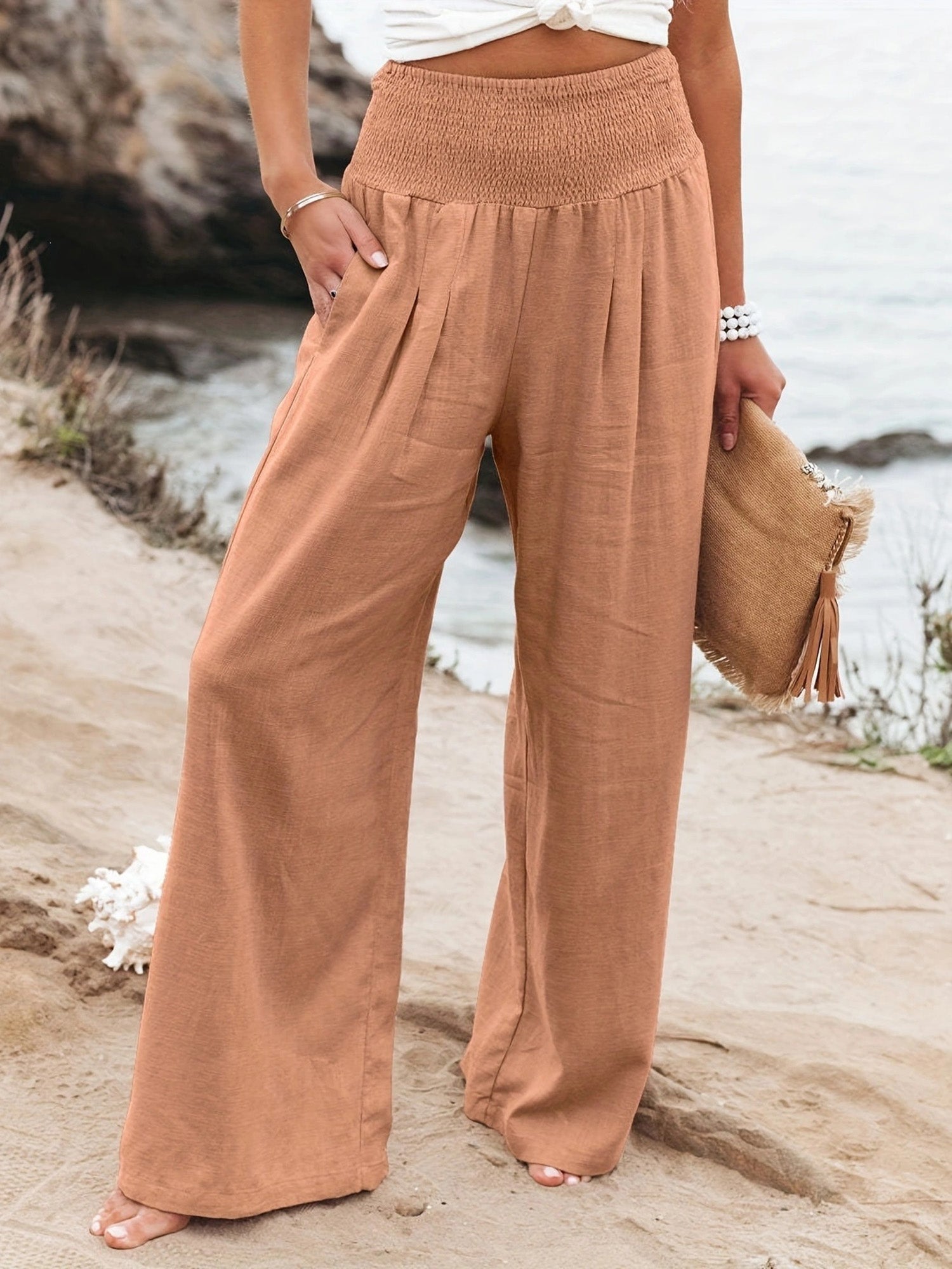 Women Cotton Linen Comfort Casual Mid Rise Pants