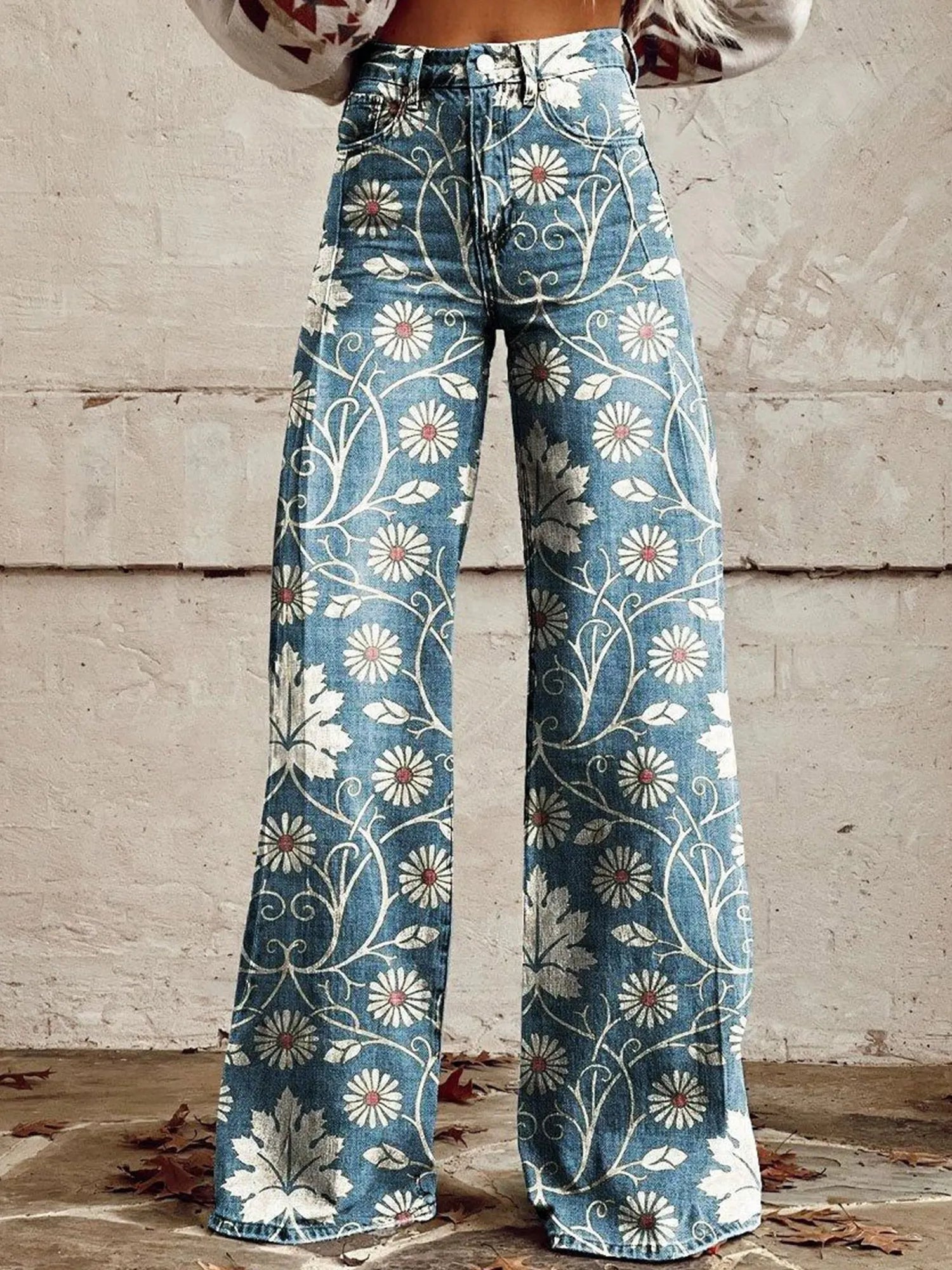 Women's Denim-Look 3D-Printed Casual Wide-Leg Flared Pants