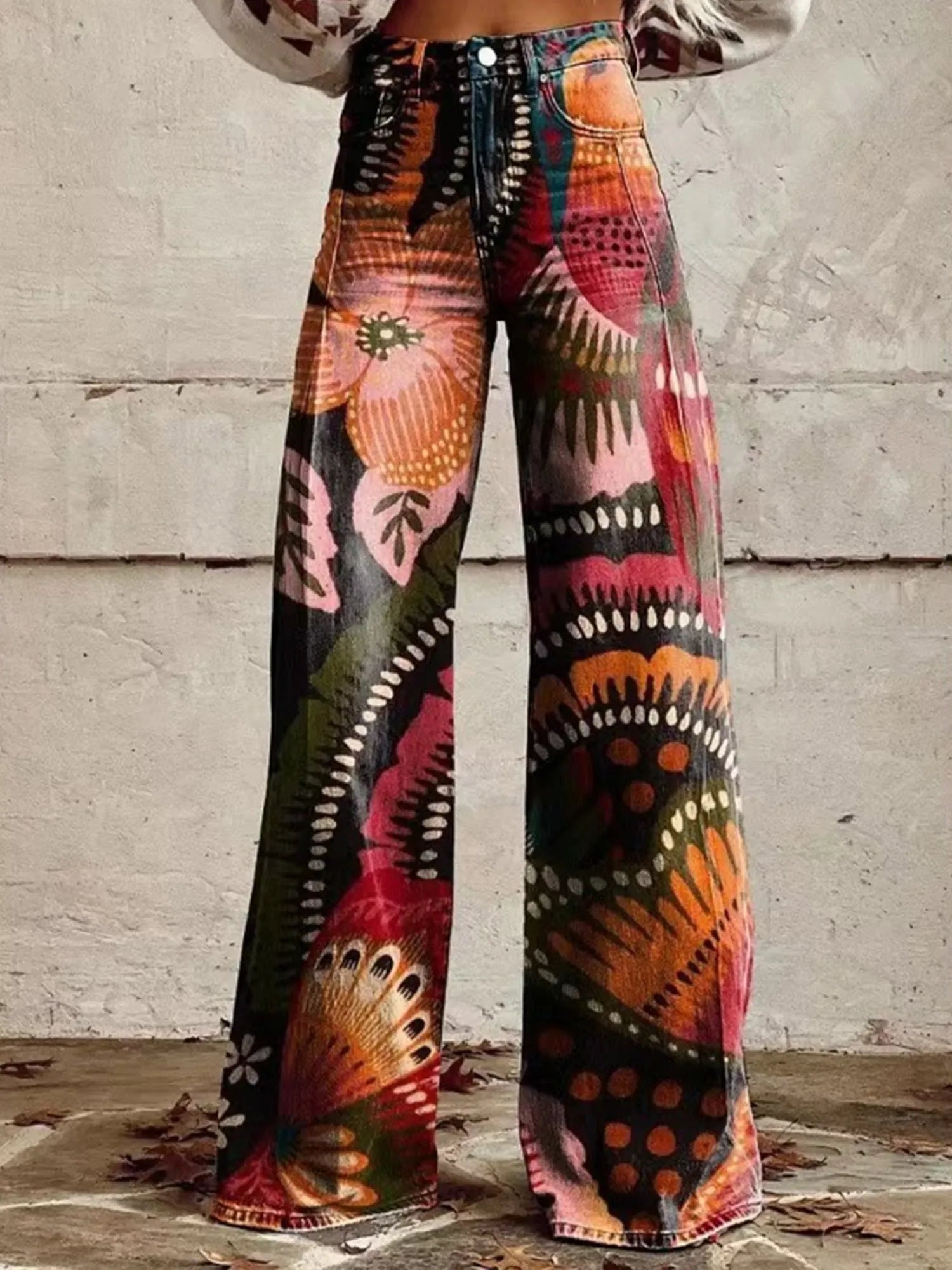 Floral-Print Satin High-Waisted Flowy Loose-Fit Straight-Leg Casual Pants