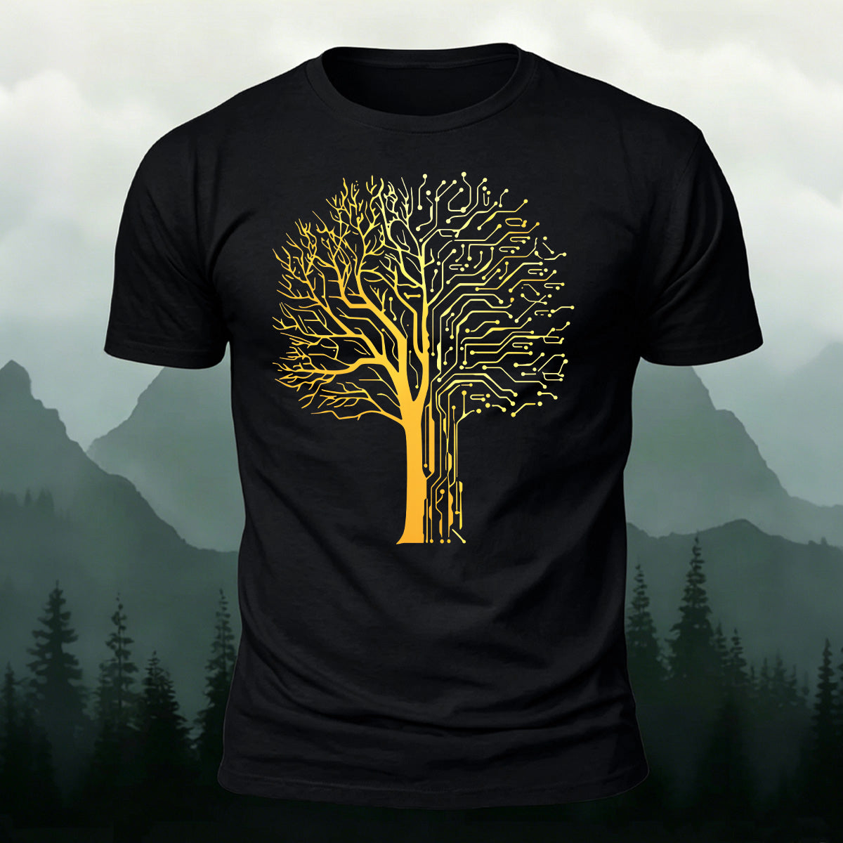 Tech-inspired tree print combed cotton T-shirt