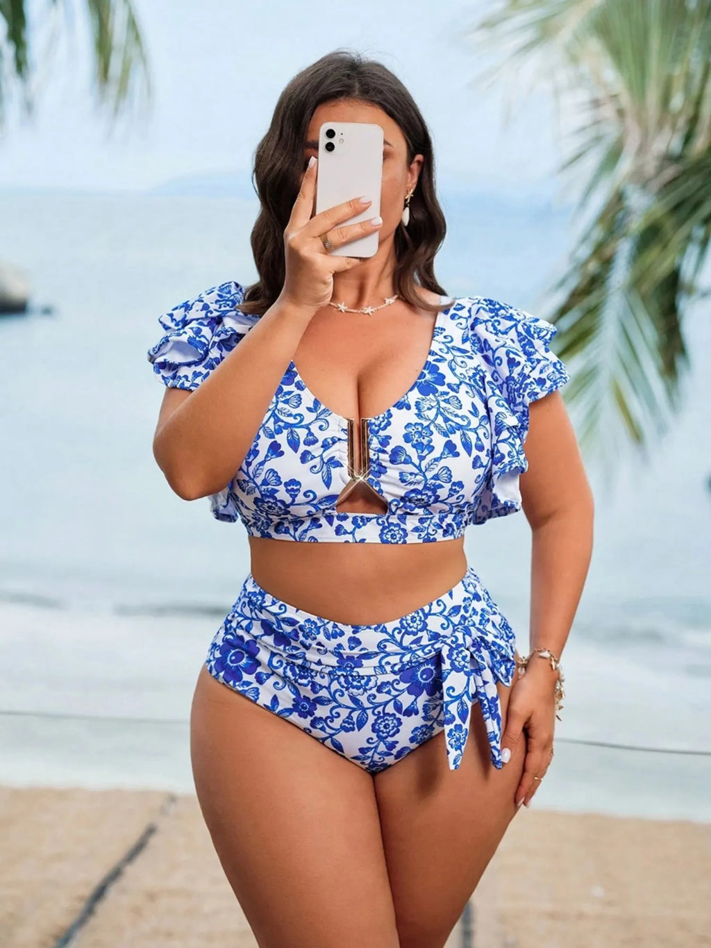 Retro Floral Print Tie Bikini Vacation Swimsuit Set