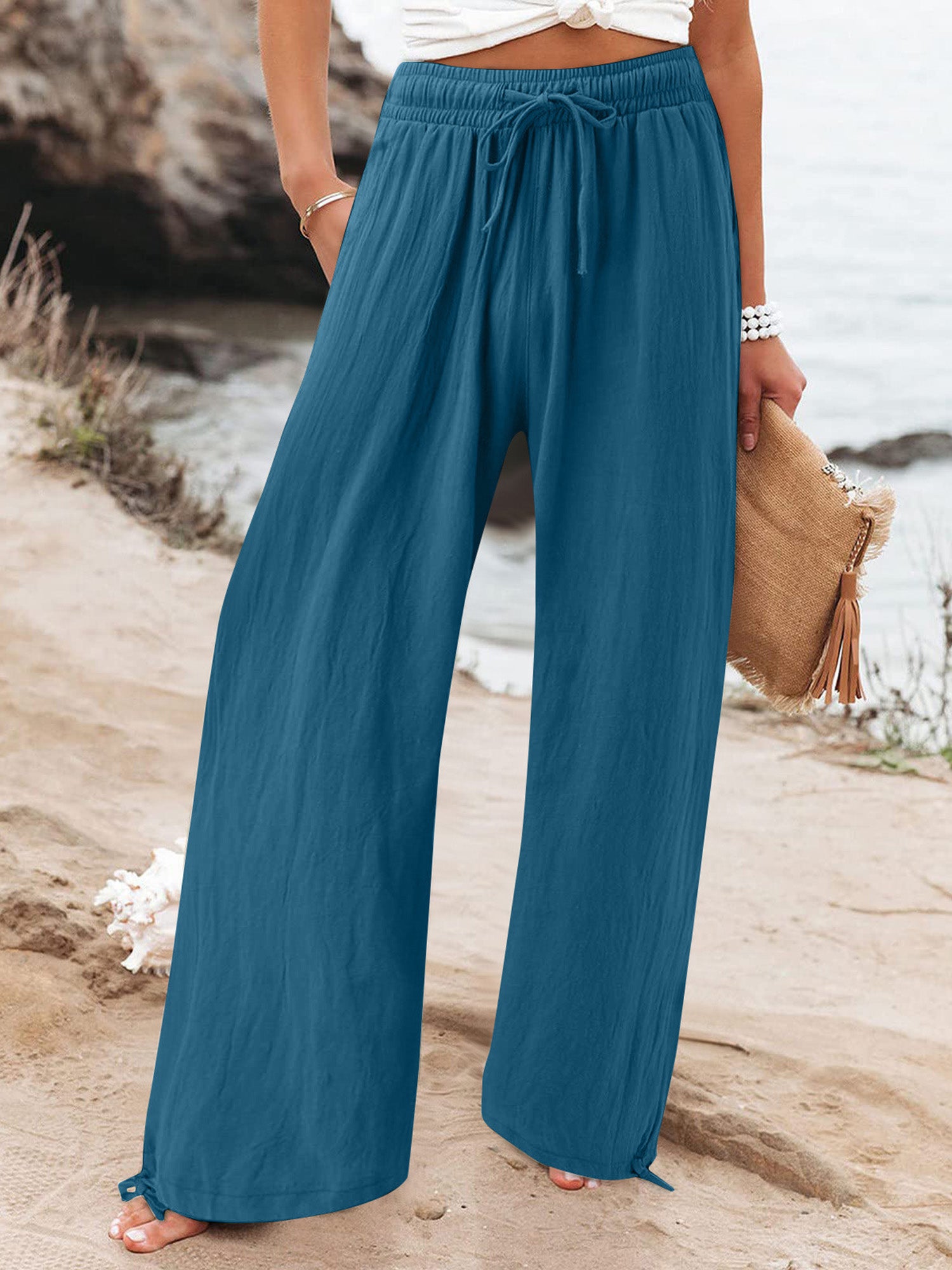 Elastic-Waist Casual Solid-Color Wide-Leg Pants
