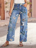 Vintage-print loose wide-leg jeans