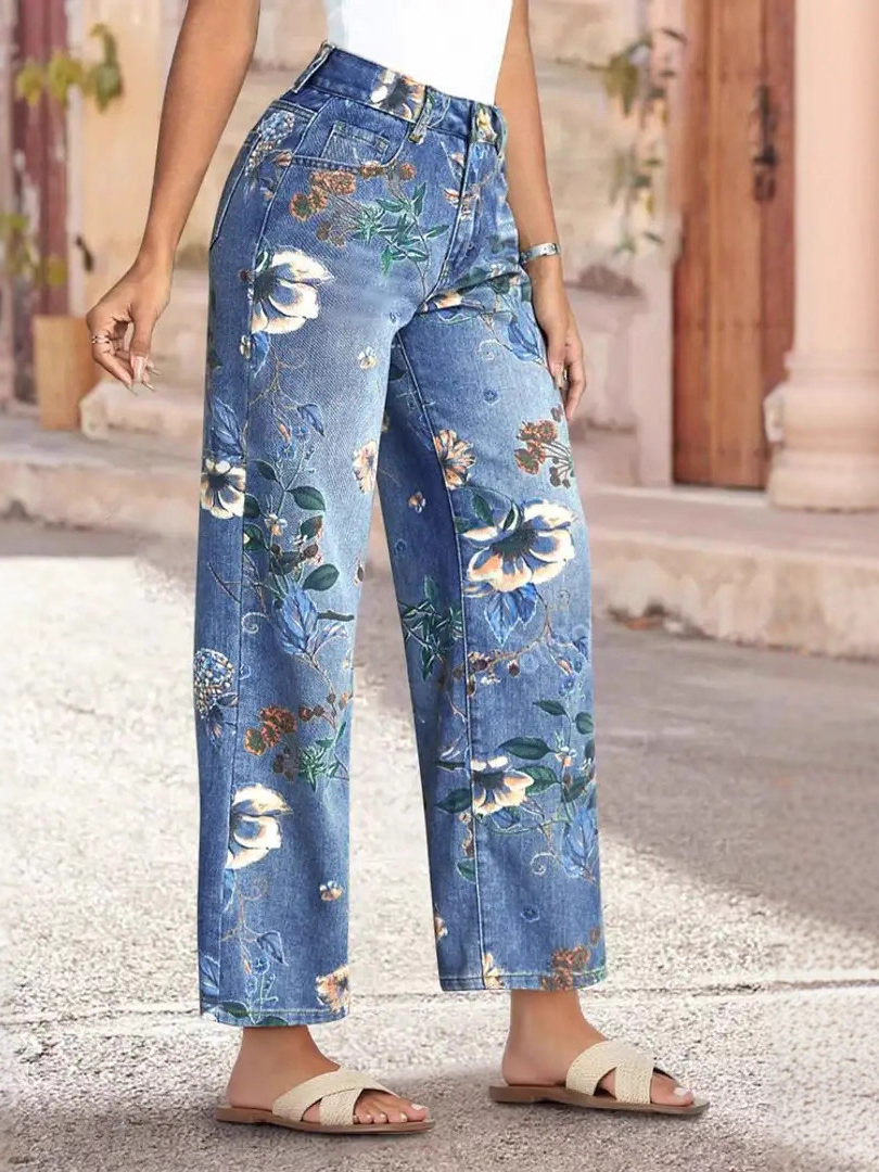 Vintage-print loose wide-leg jeans