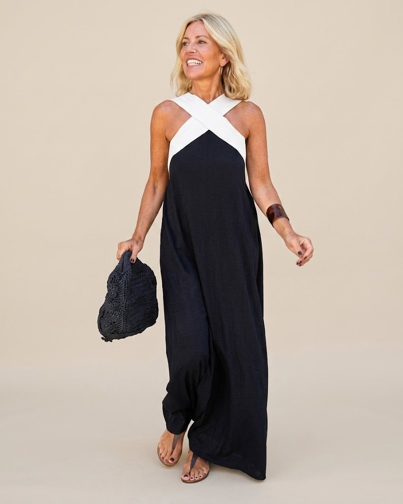 Sexy Open-Back Dress with Contrasting Color Crisscross Detail