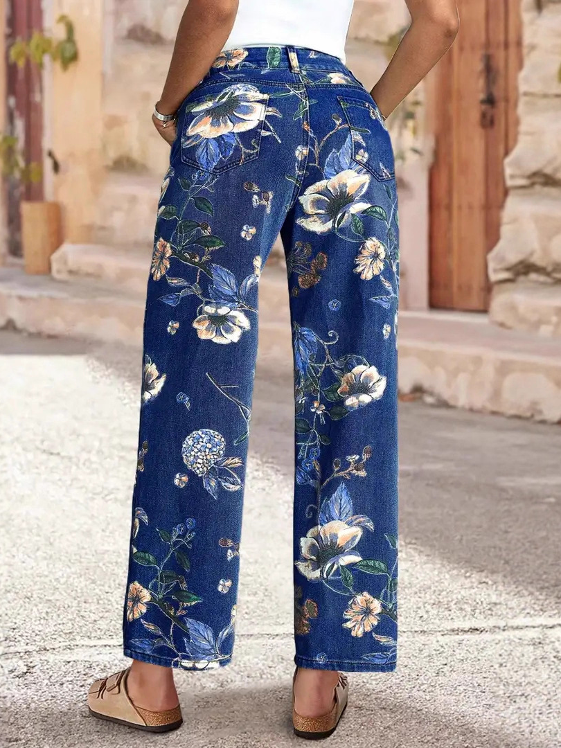 Vintage-print loose wide-leg jeans