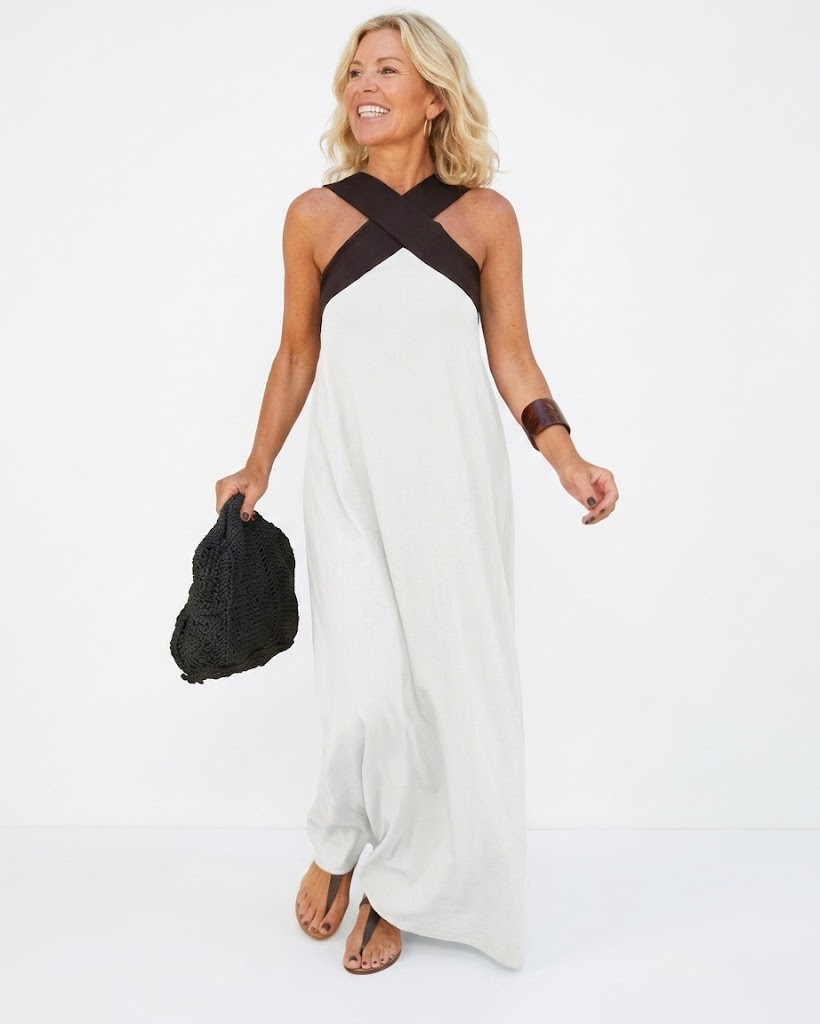 Sexy Open-Back Dress with Contrasting Color Crisscross Detail