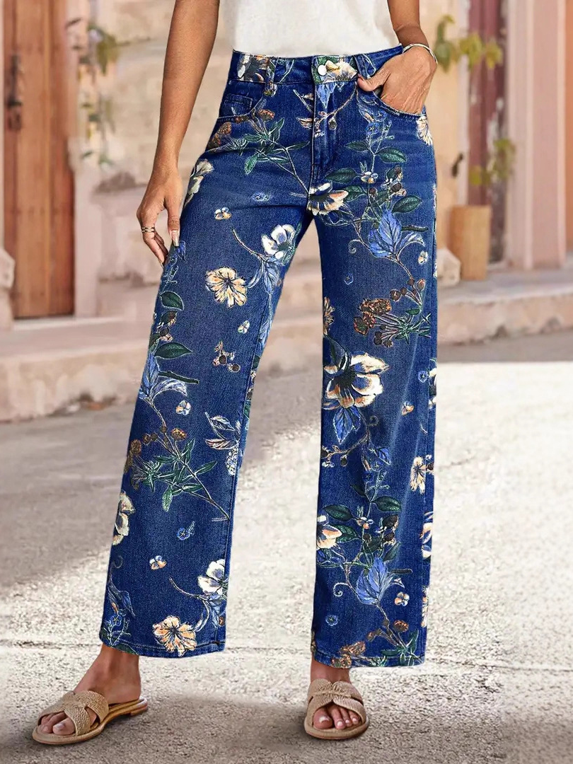 Vintage-print loose wide-leg jeans
