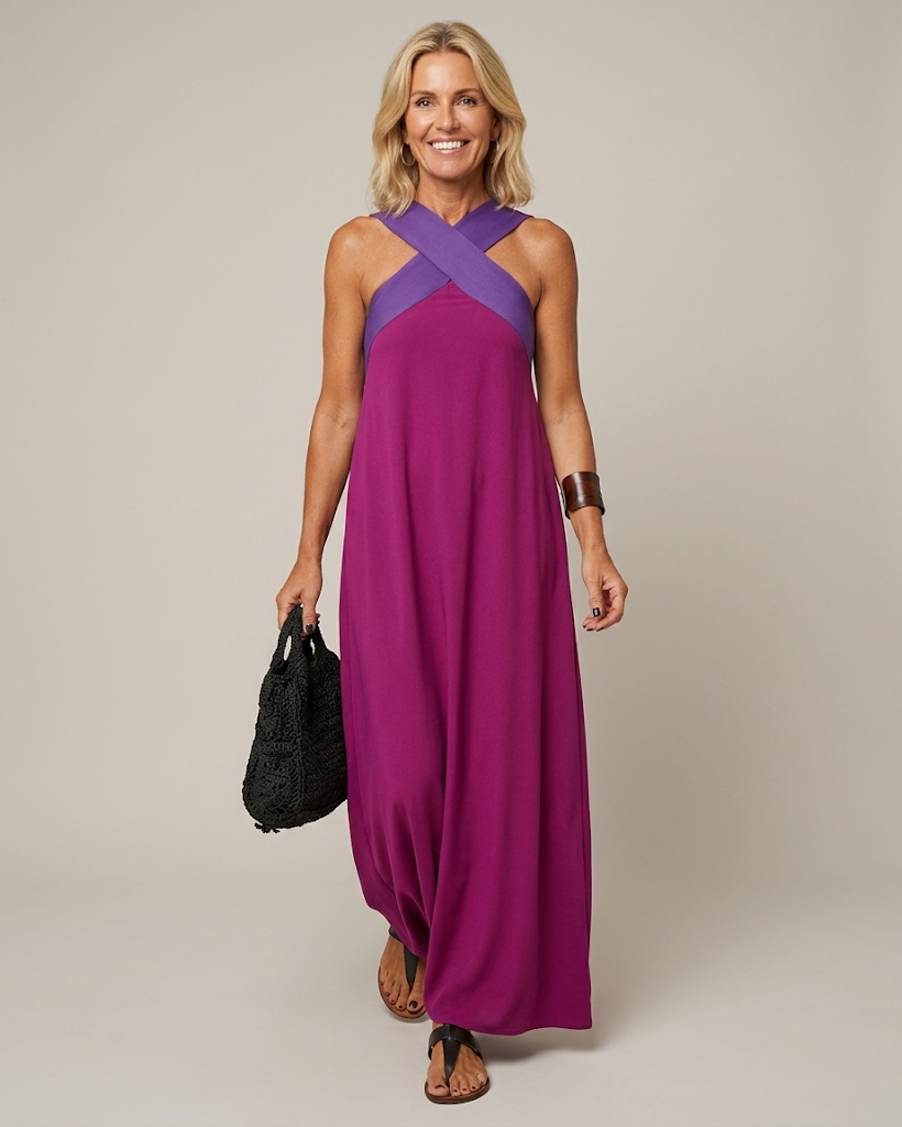Sexy Open-Back Dress with Contrasting Color Crisscross Detail