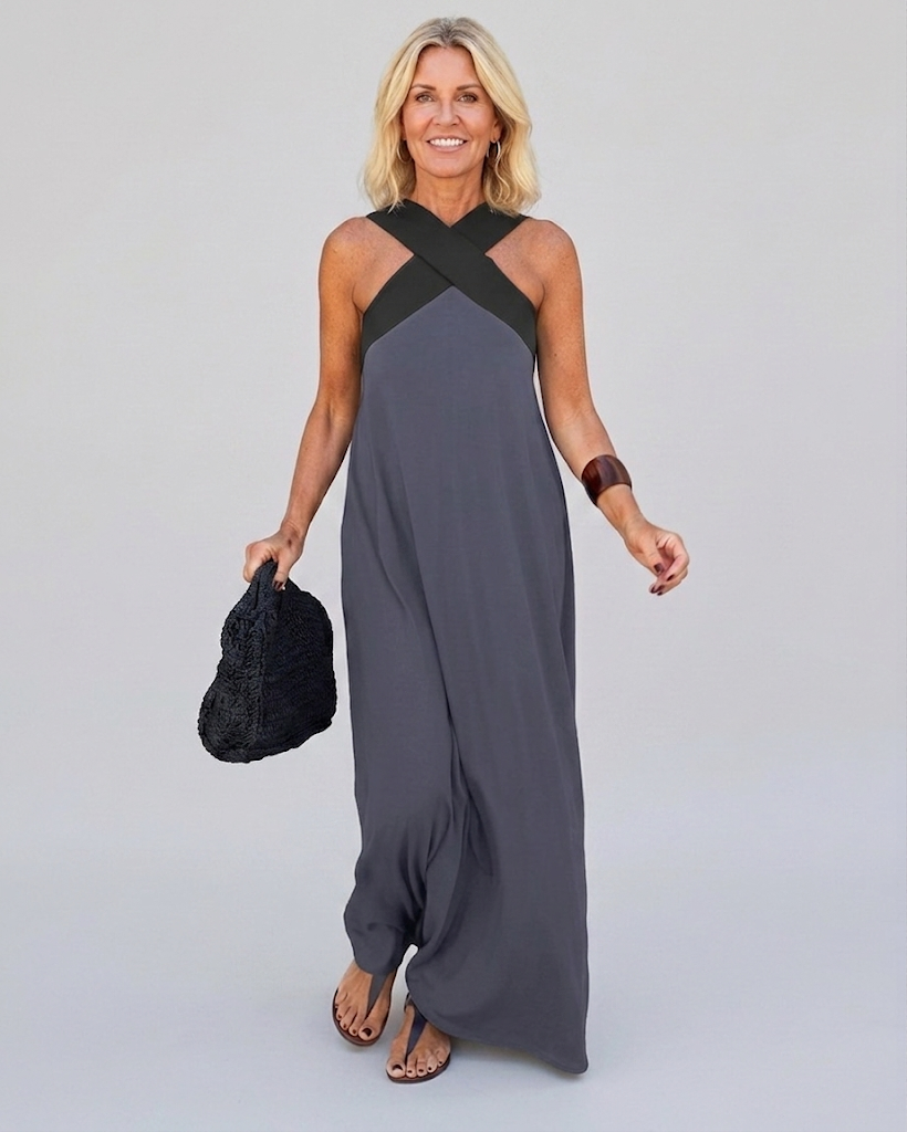 Sexy Open-Back Dress with Contrasting Color Crisscross Detail